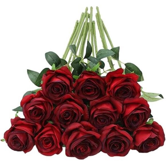 Red Roses Artificial Flowers -12 pcs Realistic Long Stem Fake Silk Roses Bouquet - Picture 7 of 7